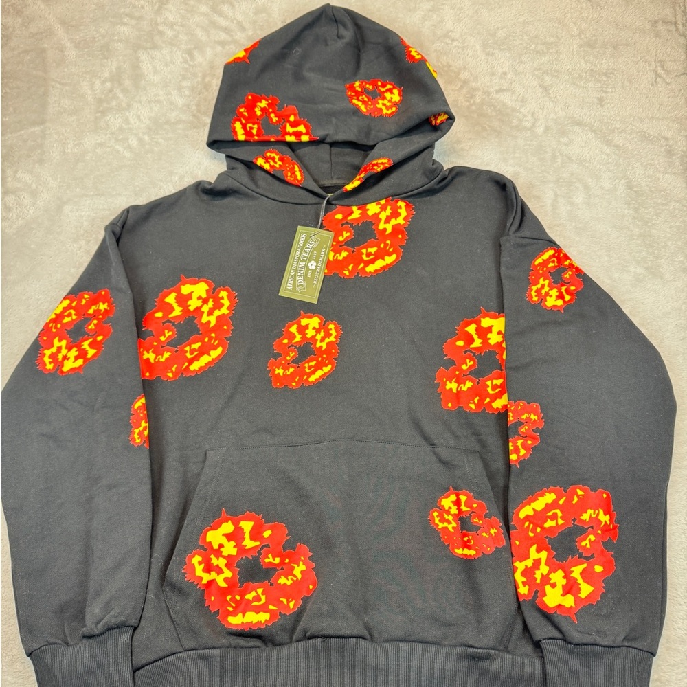 Denim Tear Black Hoodie with Red and Orange Fire Pattern